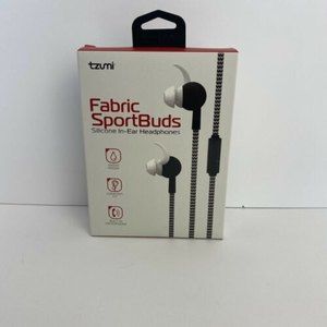 NIB Tzumi Fabric SportBuds Silicone In-Ear Headphones, Built-In Microphone